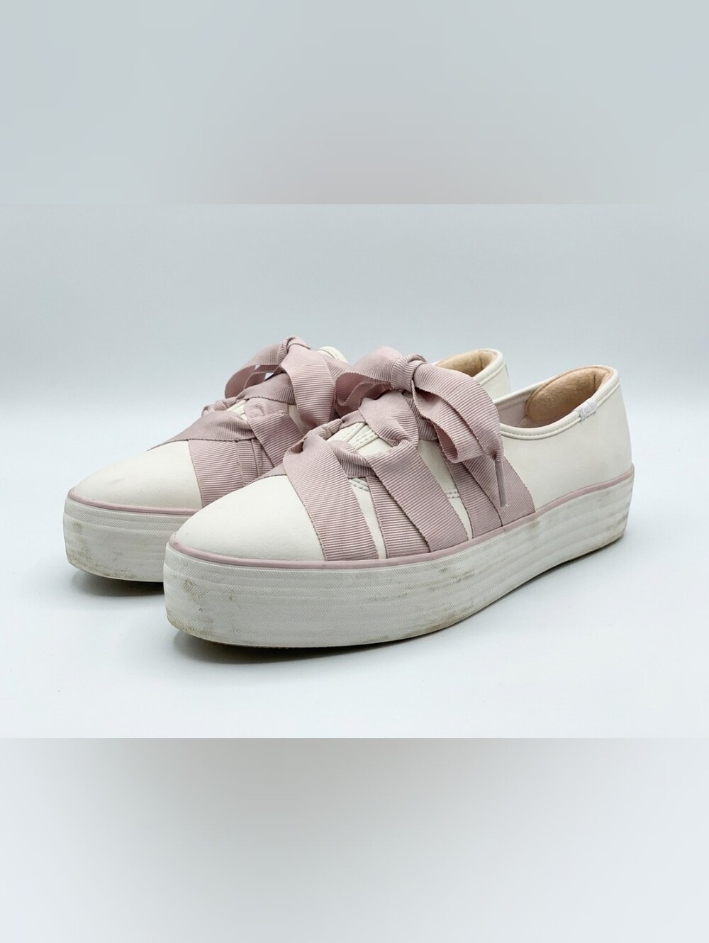 Keds Cream Platform Sneakers with Blush Ribbon Laces